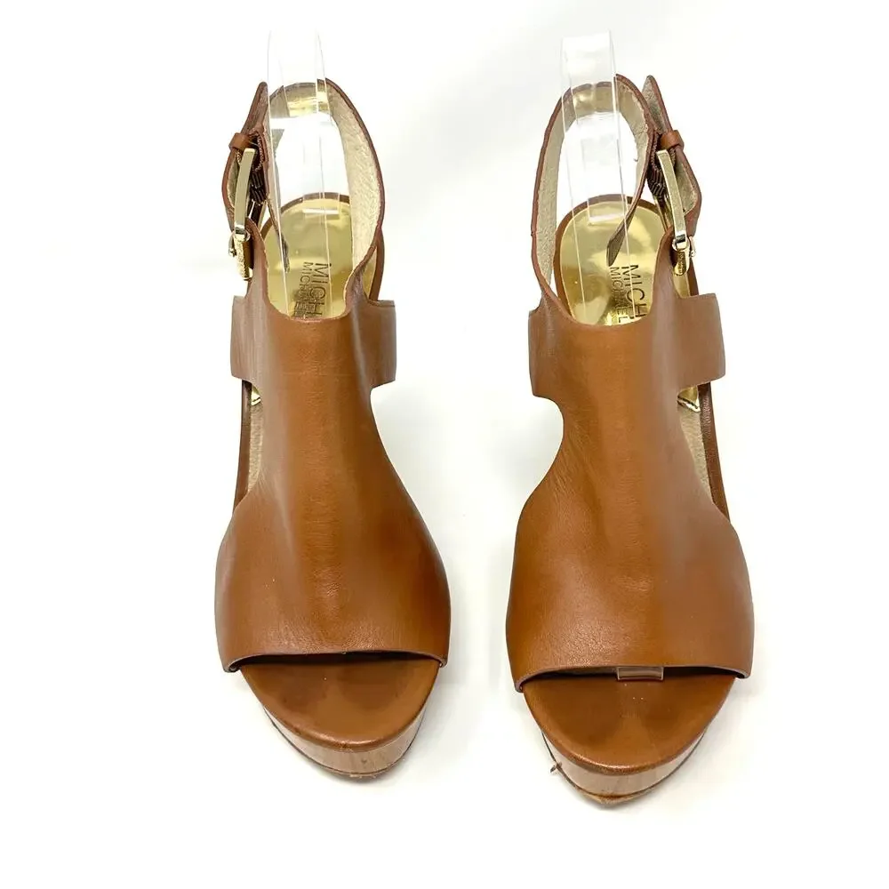 MICHAEL Michael Kors Leather Platform Wedge Sandals Brown Size 7M